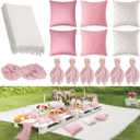 118 x 71" Extra Large Outdoor White Picnic Blankets with Pink Tulle Table Runner Cheesecloth Napkins Plush Throw Pillow Covers Oversize Beach Blanket Essentials for Wedding Picnic Camp(Stylish,14)