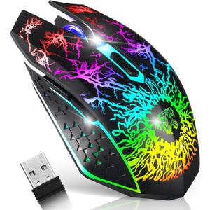 VEGCOO Wireless Gaming Mouse, Rechargeable Gaming Mouse, Silent Optical Mice with 2.4G USB Receiver, 3 Level DPI, 6 Buttons, 7 Colors LED Lights for PC/Mac Gamer, Laptop and Desktop (black)
