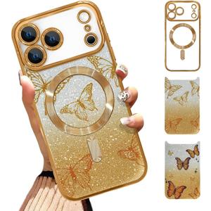 Case Fit for iPhone 17 Pro Max 6.9 Inch [Compatible with MagSafe] Glitter Bling Magnetic Phone Case [2 Pieces of Butterfly Design Insert] Soft TPU Shockproof Phone Cover for Women - Gold