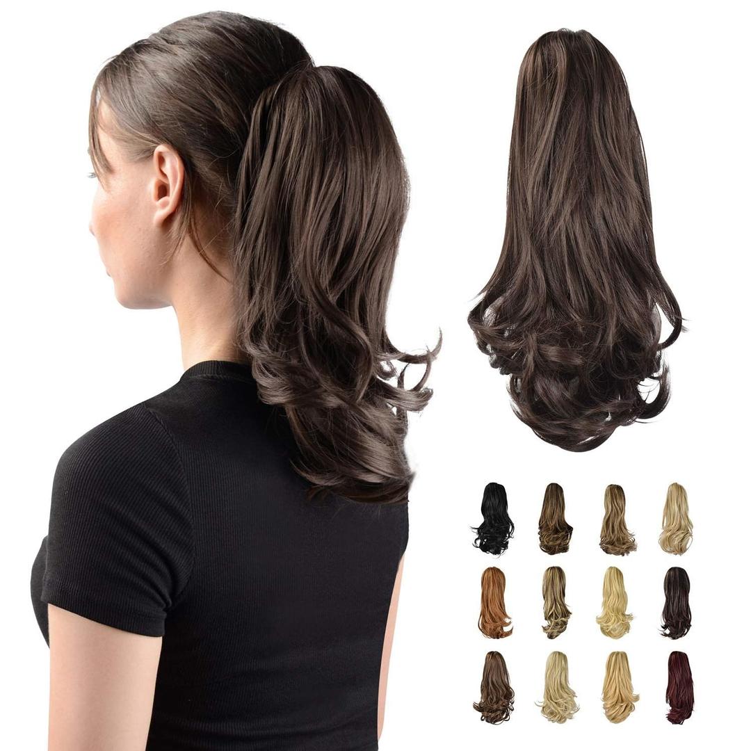 Sofeiyan 13" Ponytail Extension Long Curly Ponytail Clip in Claw Hair Extension Natural Looking Synthetic Hairpiece for Women, Dark Brown