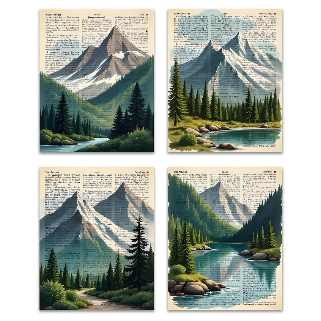 OFJE Vintage Forest Mountain Wall Art Decor Prints Set of 4, Retro Nature Landscape Wall Art Posters Decor for Home Bedroom Living Room, 8x10 Unframed
