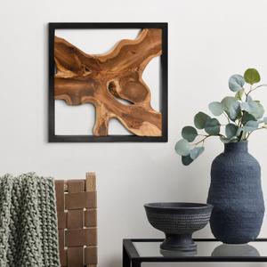 JOLLYMER Live Edge Teak Wood Wall Decor, Rustic Wooden Wall Art, Handcrafted Home Decoration for Living Room Bedroom Office, 17"x17" Black Frame