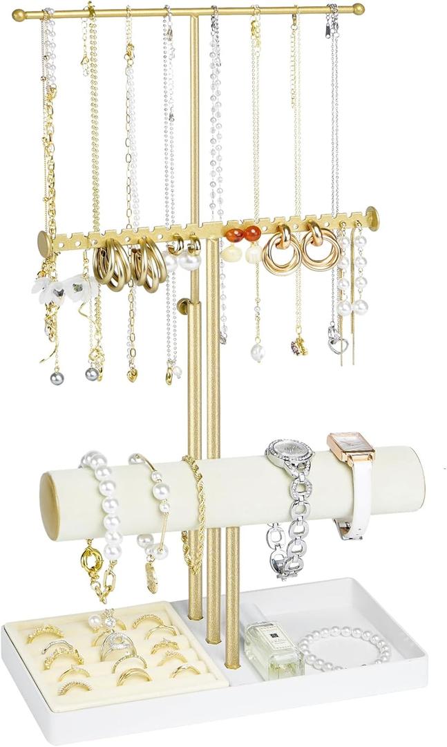 Jenseits 3-Tier Jewelry Holder Organizer:17.1" Adjustable Hanger, Velvet Ring Tray, Metal Aesthetic Display Stand for Necklaces, Earrings, Bracelets, Watches, Gold Jewelry Storage Tower Tree for Women