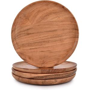 NIRMAN Acacia Wood Dinner Plates Set of 4 for Dishes Snack, Dessert Natural Wood Plates Serving Dinnerware Plate for Dinner (8" x 8" x 0.75")