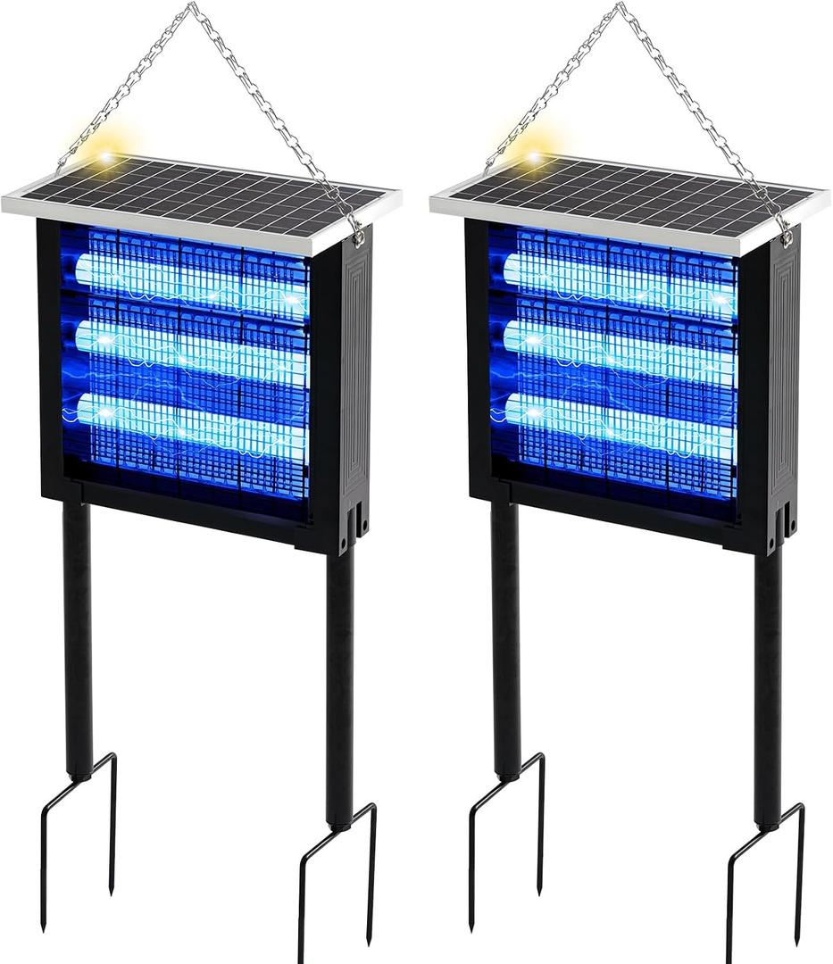 Qualirey 2 Pcs Solar Bug Zapper Outdoor Waterproof Mosquito Zapper with 3000v High Powered Rechargeable Electric Mosquito Killer with Grounding Bracket Fly Insect Trap for Patio Garden