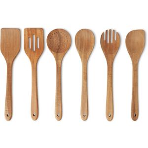 Amazon Basics Wooden Cooking Utensils, 6-Piece Set, Acacia Wood, Pre Oiled, Cookware-Safe