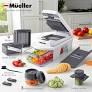 Mueller Pro-Series All-in-One, 12 Blade Mandoline Slicer for Kitchen, Food Chopper, Vegetable Slicer and Spiralizer, Cutter, Dicer, Grater, Kitchen Gadgets Sets with Container, White Sand/Gray