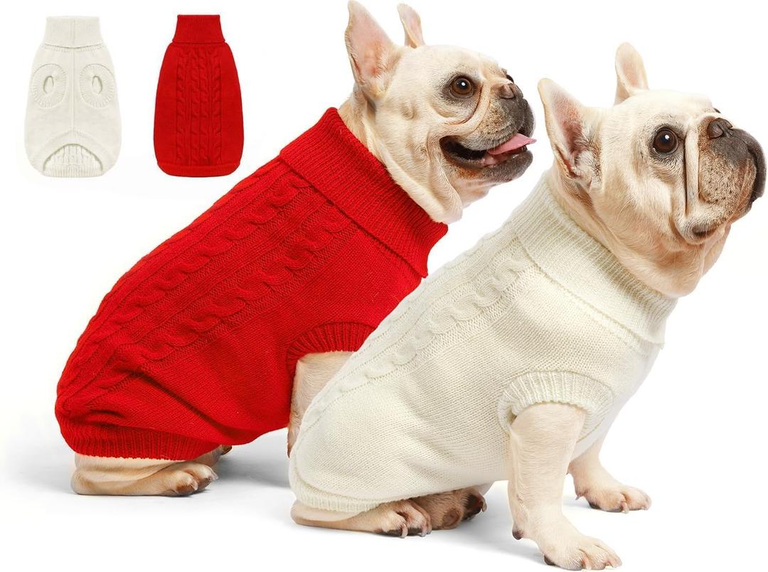 2 Pack Dog Sweaters for Small Dogs - Puppy Medium Warm Clothes in Winter, Turtleneck Pullover Design for Boy Girl Pet, Doggie, Cat, Kitten Chihuahua Bulldog Pug Beagles (2XL, Red, Beige) (XX-Large)