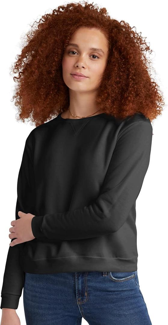Hanes Crewneck, EcoSmart Fleece Pullover with V-Notch, Sweatshirt for Women (Medium, Ebony)