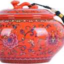 Decorative Ceramic Enamel Ginger Jar for Home Decor - Blue and White Porcelain Storage Jar, Chinoiserie Flower Vase, Multi-Purpose Decorative Container (Orange)