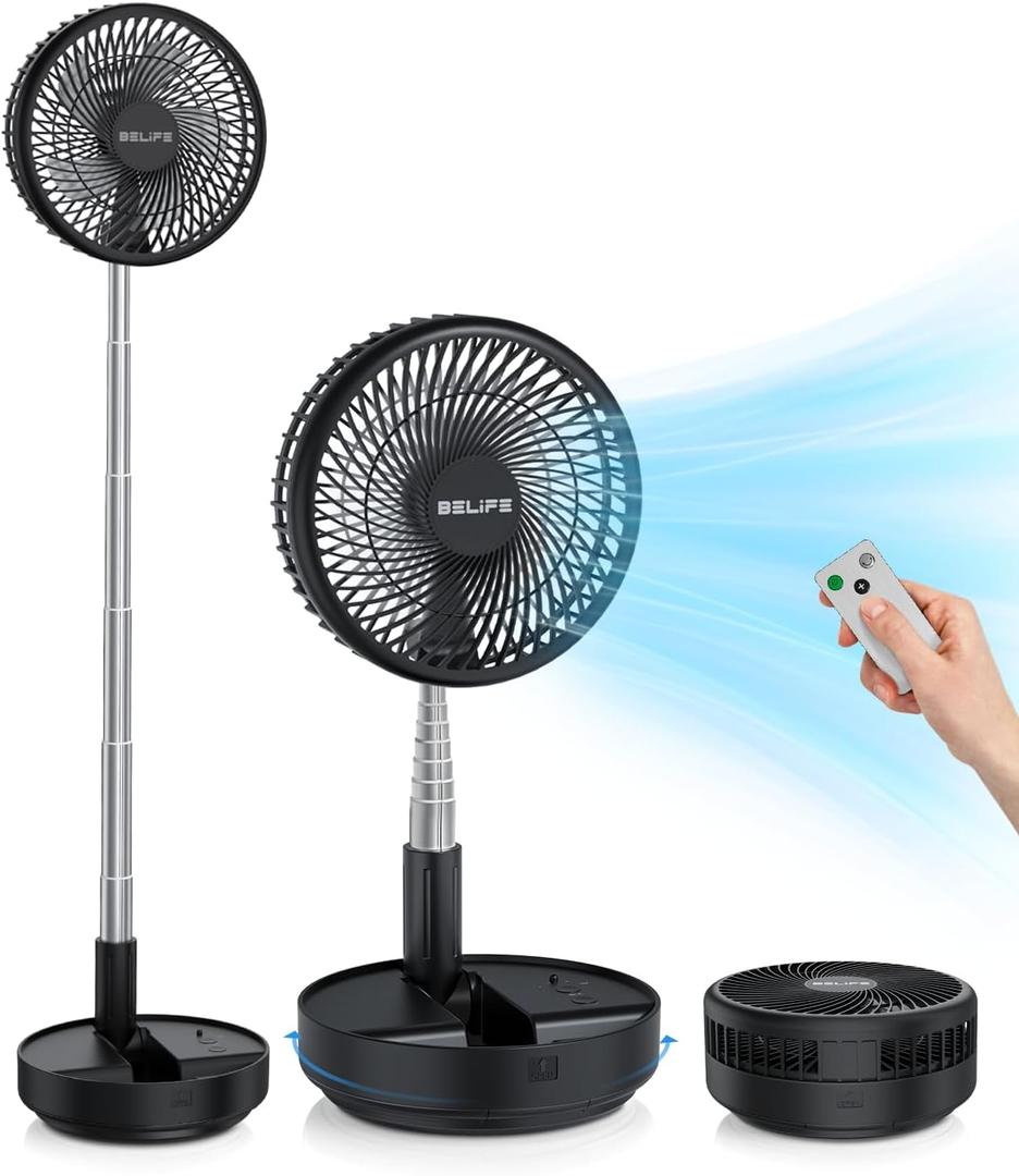 Belife X8 Portable Fan, 7200mAh Battery Powered Rechargeable, Oscillating USB Desk Floor Fan with Remote, Foldable Telescopic Fan for Home Bedroom Sleeping Office Camping Travel, 7.7" (Black)