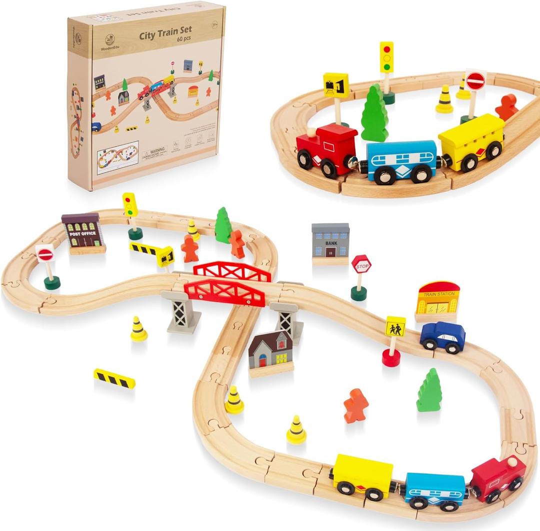 60Pcs Train Set for Toddlers, Bridge & Double-Side Wooden Train Set Tracks, Fits Brio, Thomas, Melissa and Doug, Kids Gift Toys for 3 4 5 Years Old Boys Girls (61pcs)