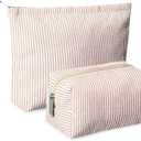2 Pcs Makeup Bag Set Cute Cosmetic Pouch for Women Seersucker Travel Toiletry Bag Preppy Small Makeup Purse Pouch Aesthetic Skincare Brushes Storage Organizer for Valentine Women(Khaki)