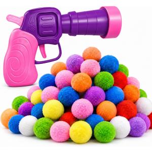 Cat Fetch Toy Launcher with 50 Colorful Pom Pom Balls, Cat Balls Fetch Toy Interactive Manual Thrower for Cats, Funny Cat Toy Gun for Bored Indoor, Pink and Purple (13 cm)