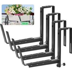 Heavy Duty Window Box Brackets, Adjustable Flower Planter Box Brackets for Railings & Walls, 5mm Reinforced Brace, Enhanced Bottom Support for Balconies, Fences, Gardens, 200LB CAP(4 Packs)