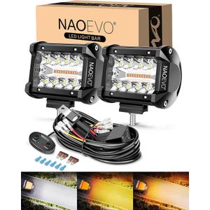 NAOEVO 4 Inch LED Pod Lights, Spot Flood LED Fog/Driving/Off Road Lights with 2 Leads Wiring Harness, Cube Pods for Truck Boat ATV UTV, 2pcs. (White/Amber/White&Amber)