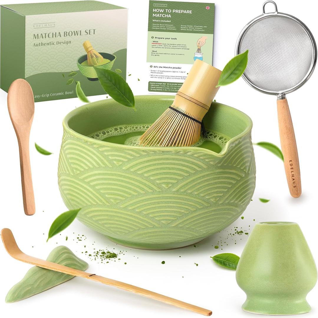Matcha Kit Whisk Set (7 Pcs) - Complete Matcha Set, Matcha Bowl with Spout, Whisk with Holder, Bamboo Scoop with Rest and Sifter, Perfect Kit for Matcha Lovers (Green Mist)