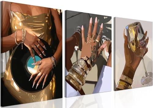 Black Girl Wall Art Set of 3, Gold African American Woman Wall Decor Painting Black People Canvas Poster Prints Pictures Aesthetics for Living Room Bedroom Dorm Framed 16x24 inch Pack Of 2