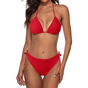Zonsaoja Women String Bikini Set Halter Side Tie Two Piece Swimsuit Triangle Bathing Suits Red L