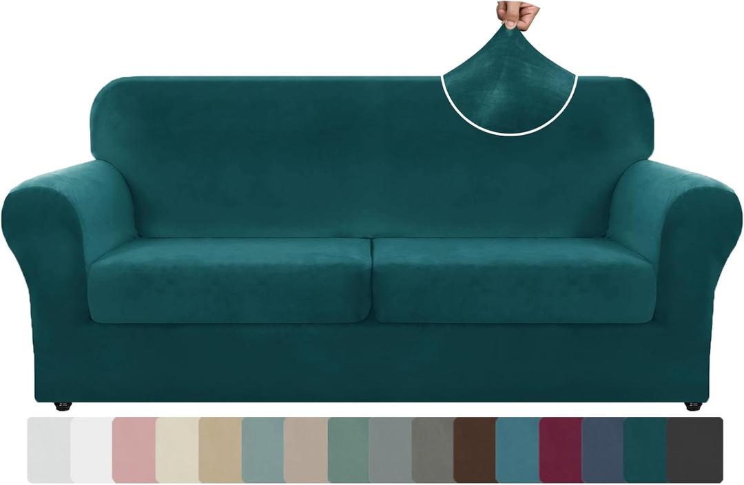 ZNSAYOTX Oversized Velvet 3 Piece Couch Cover with 2 Extra Large Seat Cushion Covers Stretch Sofa Cover for 2 Cushion Couch Thick Soft Loveseat Sofa Slipcover (Deep Teal), 72"-92"(2 Cushions)