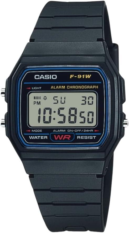 Casio F91W Series | Digital Watch | Water Resistant | LED Light | 1/100 SEC Stopwatch | Regular Time Keeping (HR, Min, SEC, PM, Date, Day) | Daily Alarm | Lightweight | 7 Year Battery (Black)