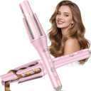 Automatic Rotating Curling Iron 1 1/2 inch, ABVOT Pro Long Barrel Hair Curlers for Long Hair, Anti-Scald & Tangle, Ionic Ceramic Travel Dual Voltage Curling Wand for Shiny & Effortless Curls (Starlight Blush Pink)