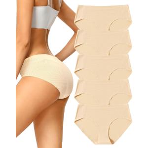 voenxe Women Seamless Hipster Underwear,No Show Ladies Panties Bikini,Full Coverage Breathable Briefs,Comfy,Invisible,5-Pack (Beige) M
