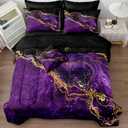 Gold Comforter Set 8 Pcs Purple Bedding Set Queen Size Bed in A Bag Purple and Black Marble Stone Texture Abstract Room Decor