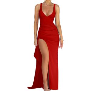 Memoriesea Women's Sexy Plunge Neckline Bodycon Ruched High Slit Party Maxi Dress (Red, XL)