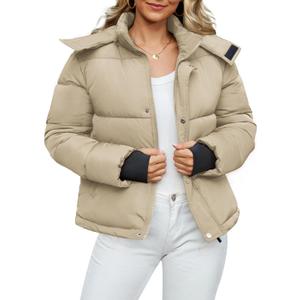 Funlingo Women's Cropped Puffer Jacket with Removable Hood Winter Zip Up Snap Button Warm Trendy Quilted Coat, Medium