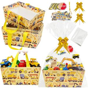 10 Pack Construction Birthday Party Supplies Basket for Gifts Empty,Construction Theme Sturdy Diy Bulk Gift Basket Kraft Market Tray Cardboard Basket Decorations Favors With Handles, Gift Baskets Kit Supplies Wrap To Fill For Birthdays Christmas Weddings Anniversaries