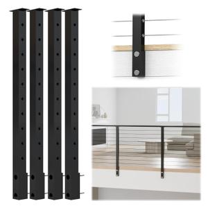 Muzata 4Pack Black Side Mount Cable Railing Post 36 Inch 36"x2"x2" Level Drilled Space-Saving Stainless Steel Cable Railing System Kit Indoor Outdoor with User Guide PF02 BH4S