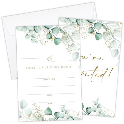 HUQIL Rustic Greenery Wedding Invitations Cards for Mr & Mrs Ideal for Weddings Bridal Shower Watercolor Invites Party Favor & Supplies Double-Sided Fill In Style 25 Pcs with Envelopes - FS627,Set of 3