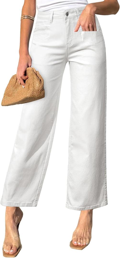 Sidefeel Women's Wide Leg Jeans High Waisted Stretchy Jeans Straight Leg Zimbaplatinum Ankle Denim Pants with Slant Pockets (8, White)