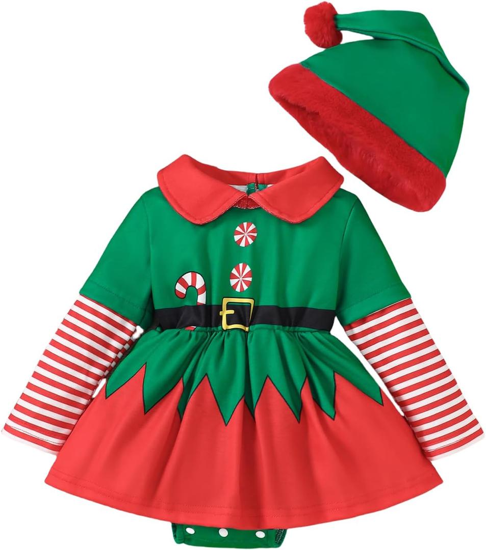 Toddler Baby Girls Christmas Outfits Long Sleeve Print Elf Romper Xmas Dresses Infant Fall Winter Clothes (6-12 Months, Green)