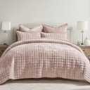 RECYCO Luxury Velvet Quilt Set King Size Bedding Sets, Ultra Soft Velvet Comforter Set, Lightweight Channel Box Stitch Oversized Bedspread Coverlet for All Season, with 2 Shams, Rose Pink (King/Cal King (108" x 92"))