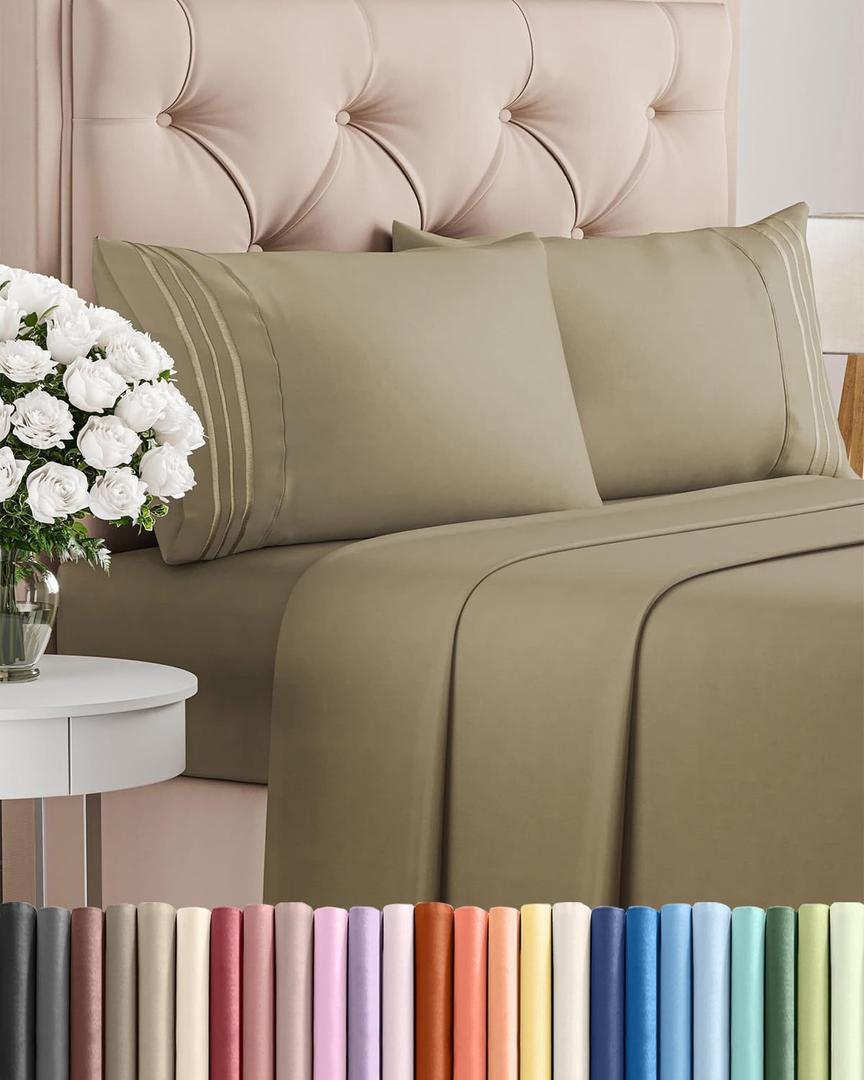 CGK Unlimited Queen Size 4 Piece Sheet Set - Comfy Breathable & Cooling Sheets - Hotel Luxury Bed Sheets for Women & Men - Deep Pockets, Easy-Fit, Extra Soft and Wrinkle Free Sheets - Khaki Oeko-Tex Bed Sheet Set