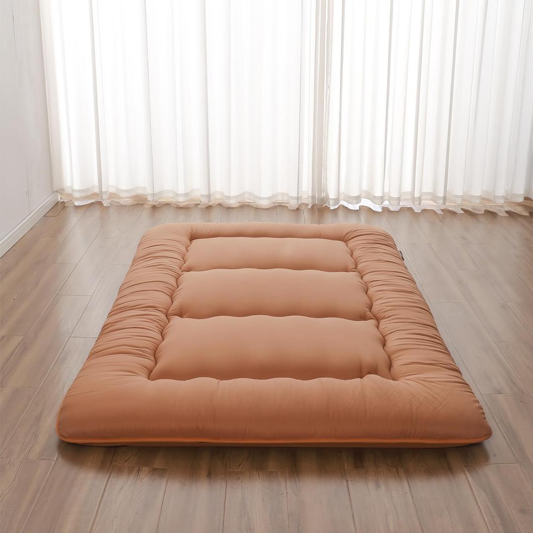 Zelladorra Japanese Floor Mattress, Futon Mattress with Portable Storage Bag and Washable Cover, Roll Up Thick Tatami Mat Suitable for Camping, Guest Room, Light Coffee, Full