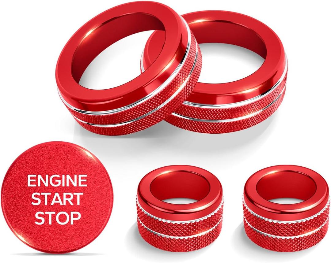 for 2024 2025 2026 Hyundai Sonata Accessories 5-Piece Aluminum Knob Cover Trim Set (Red) for Push Start Button, AC & Volume Switches, Interior Upgrade, Knob Protection
