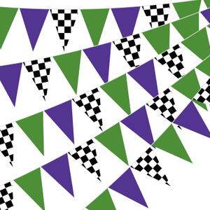 Gersoniel 5 Pcs Green and Purple Monster Truck Banner Decorations Green Purple Checkered Paper Pennant Garlands Monster Truck Hanging Triangle Flags for Car Theme Birthday Party Decor