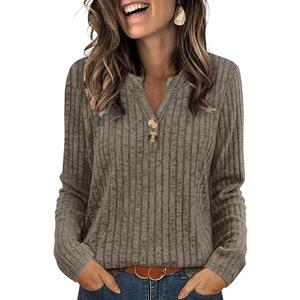 SAMPEEL Womens Sweaters Lightweight Long Sleeve Shirts V Neck Tops with Button Fall Outfits 2025 (X-Large, Apricot)