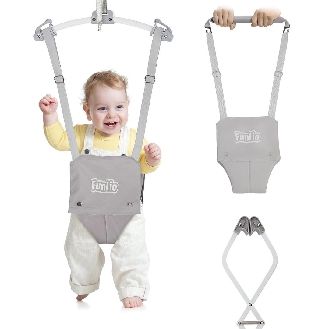 FUNLIO 2 in 1 Baby Door Jumper with Door Clamp, Baby Walking Harness for 6-24 Months, Infant Jumper Doorway with Strong Spring & Adjustable Strap, Easy to Assemble & Store - Grey