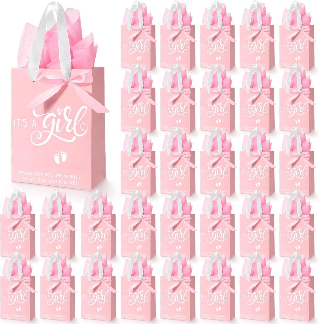 Qilery 50 Sets 8" Baby Shower Favor Bags It's a Girl Gift Bags with Handle Tissue Paper and Ribbon Bow Pink Baby Shower Party Favors for Guests Gender Reveal Birthday Supplies