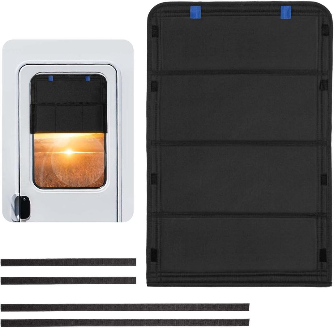 RV Door Window Shade, New Model Foldable RV Blackout Window Cover, UV Rays Protection Camper Trailer Door Window Cover, Hook and Loop Fastener Waterproof Thickened Oxford Fabric (Black-B) (25 x 16 inches, Black-Blue Label)