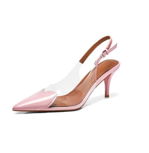 Coutgo Womens Clear Kitten Heels Slingback Pumps Cute Heart Pointed Toe Slip On Party Prom Dress Shoes, Pink, Size 10