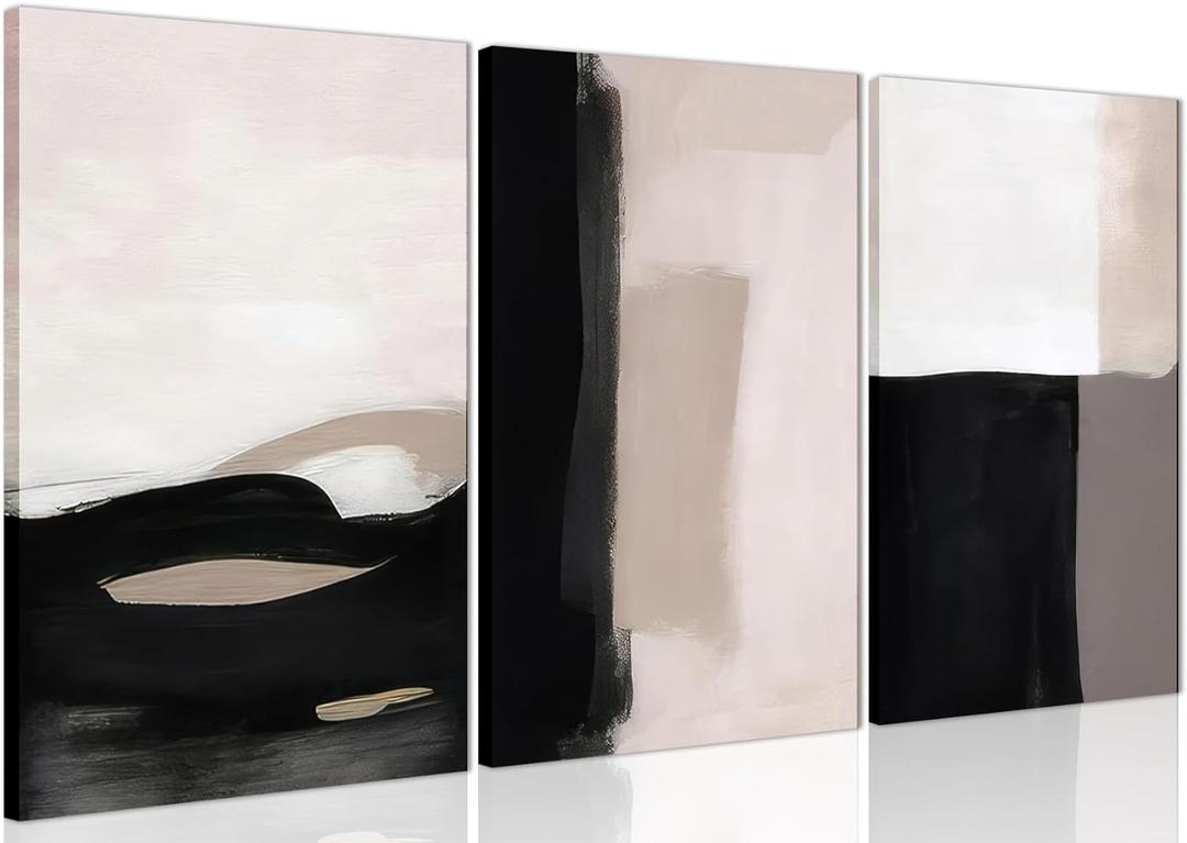 AKWISH Abstract Canvas Wall Art Set of 3, Modern Beige Black and White Wall Decor, Neutral Abstract Artwork Poster Prints Painting for Living Room, Bedroom, Dining Room, Framed 12x16 In
