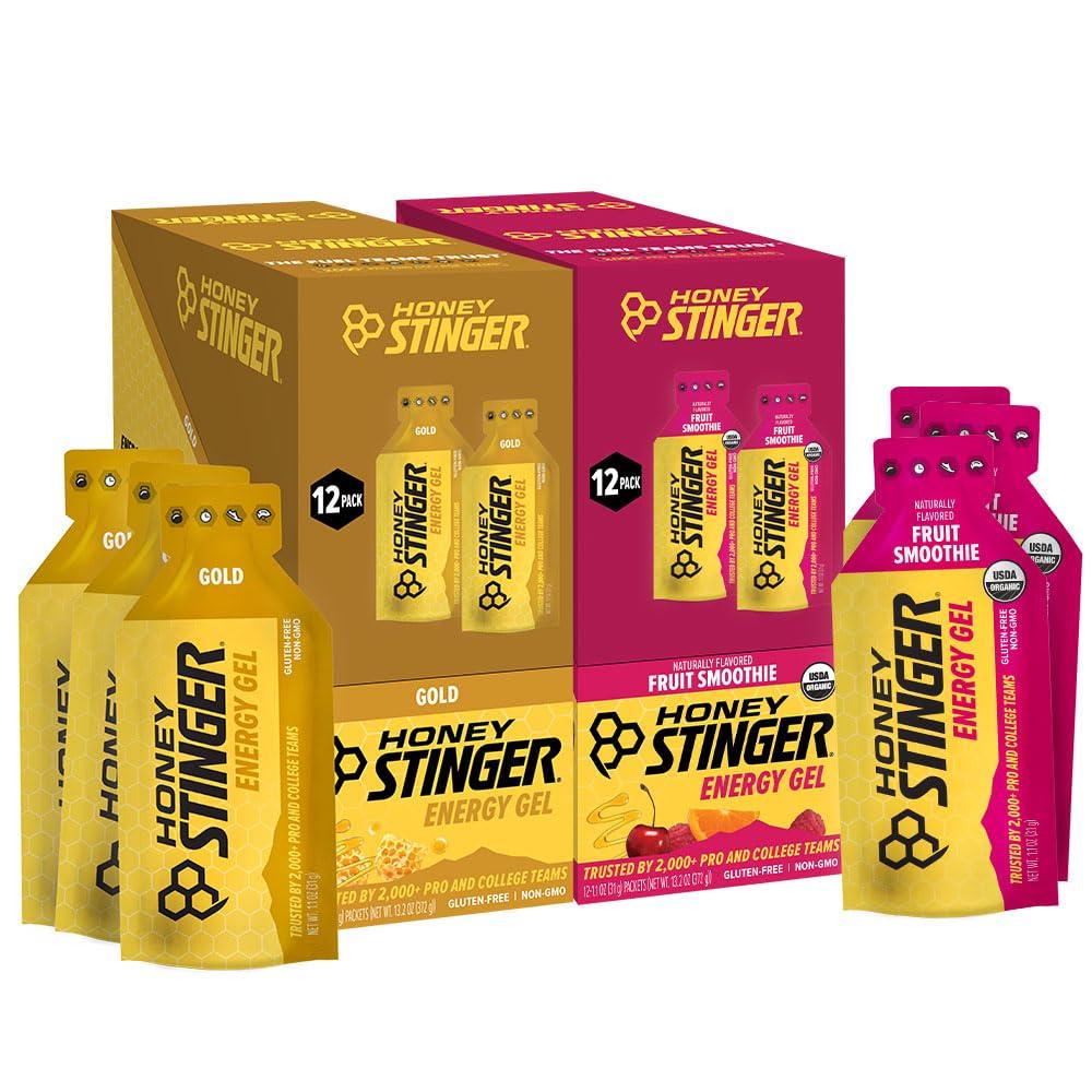 Honey Stinger Energy Gel Variety Pack 12 Packs Each of Gold and Organic Fruit Smoothie Gluten Free & Caffeine Free Sports Nutrition for Home & Gym, Pre and Mid Workout (EXP 04/09/27)