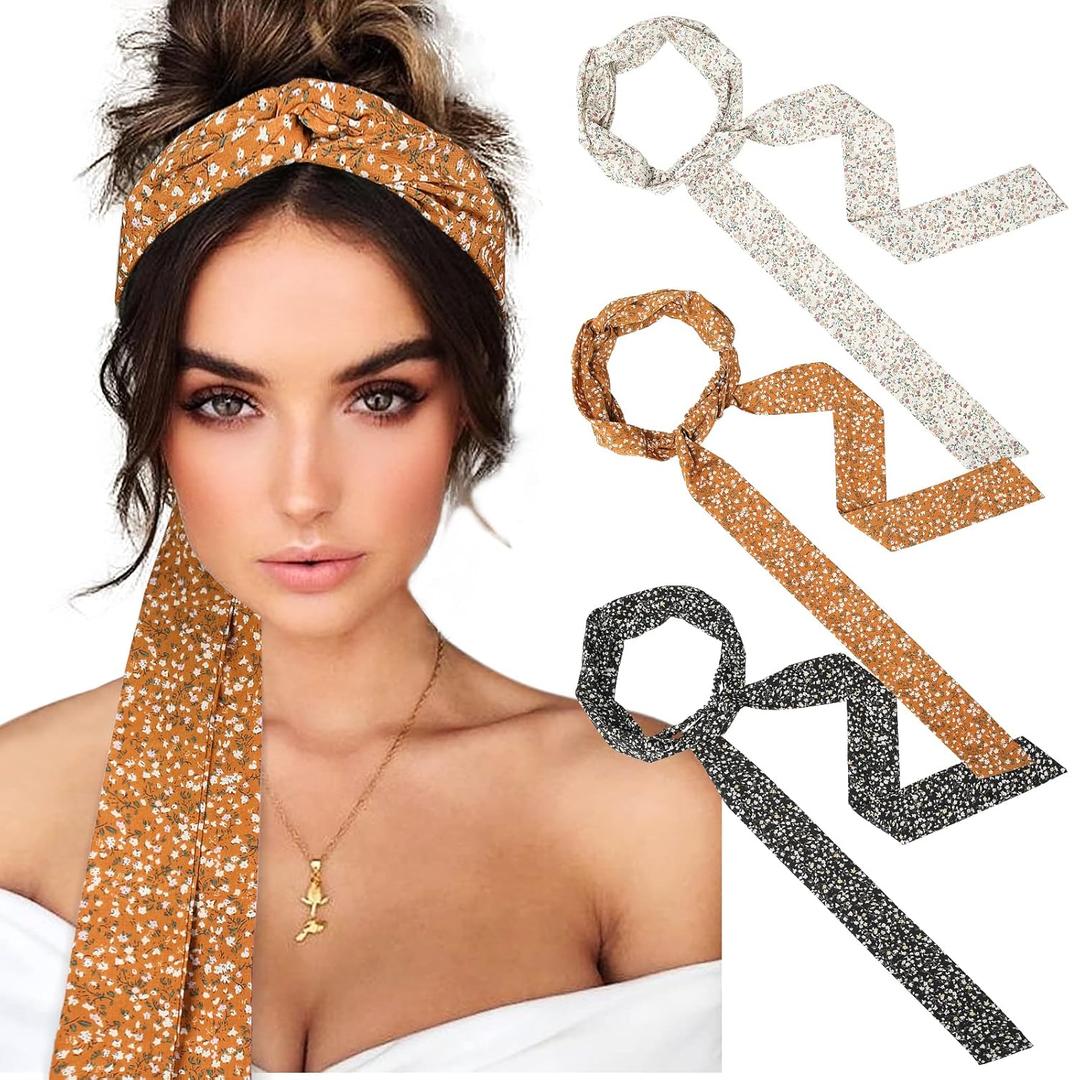 AWAYTR Women's Long Twist Knotted Chiffon Headbands - 3PCS Criss Cross Head Wraps for Thick Hair (Black+Beige+Khaki)