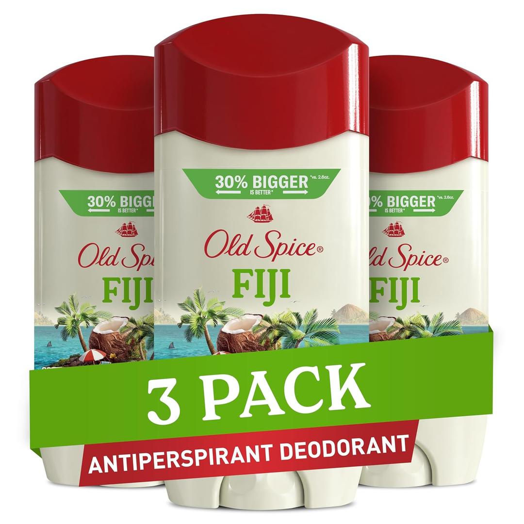 3 x Old Spice Men's Antiperspirant & Deodorant, 24/7 Lasting Freshness, Advanced Sweat & Odor Protection with Skin Conditioners, Invisible Solid, Fiji with Palm Tree Scent, 3.4 oz (Pack of 3)