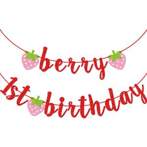 Berry First Birthday Banner, Glitter Strawberry Banner, 1st Birthday Decor (Red)